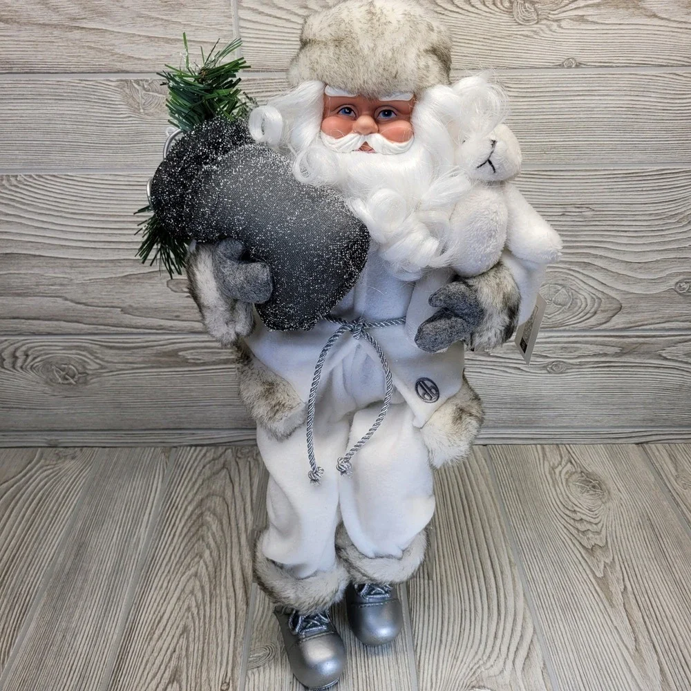 Dennis Basso‎ Home Sitting Santa Christmas Winter White Woodland Rustic Faux Fur